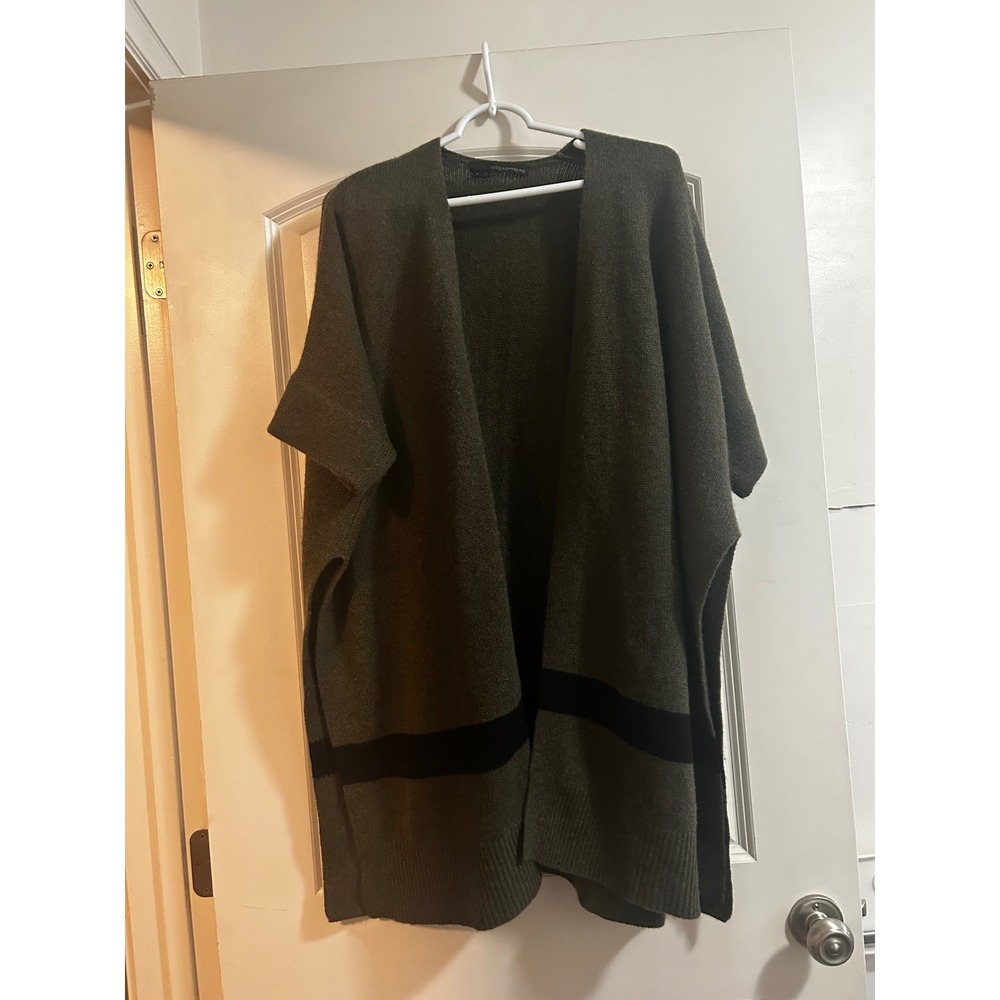 360 Cashmere Olive Green Open Front Cardigan Short Sleeve Stripe Poncho Small